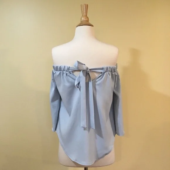 Off Shoulder Bow Tie Back Shirttail Hem Blouse Baby Blue - Picture 4 of 4